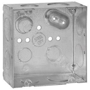 4-11/16 in. Square Box, Steel, Welded, 2-1/8" D, (4) 3/4 & (4) 1" Side KO, (3) 1/2, (3) 3/4 &