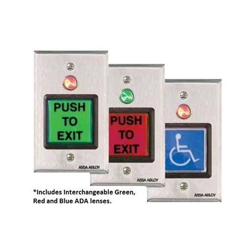 Door Pushbutton, 1-Gang, Momentary, SPDT, 5A, 2" Square, Stainless Steel Plate, Green/Red/Handicap