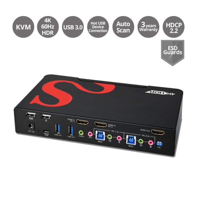 2-Port HDMI 4K HDR Smart Console KVM Switch with USB 3.0 and Multimedia Ports